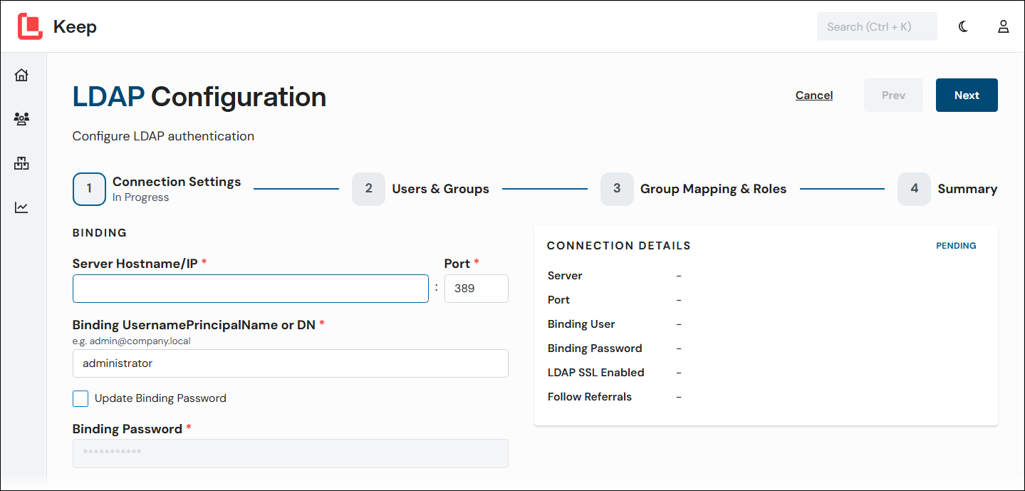 The top area of the LDAP Configuration process including the Next, Back, and Cancel buttons and the progress indicator.